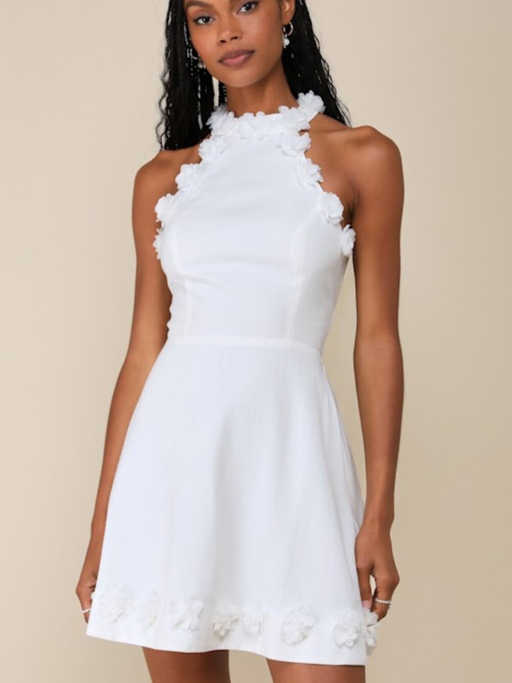 Lulus Profound Poise White Linen 3d Floral Mock Neck Mini Dress - Size XS